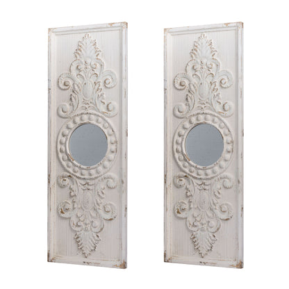 Set of 2 Large Wooden Wall Art Panels with Distressed White Finish and Round Mirror Accents,17" x 48" image 4