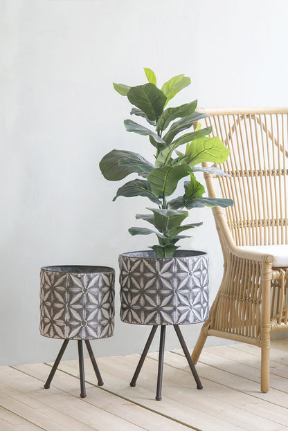 Set of 2 Metal Planter Stand,Round Galvanized Grey Farmhouse Planter image 2
