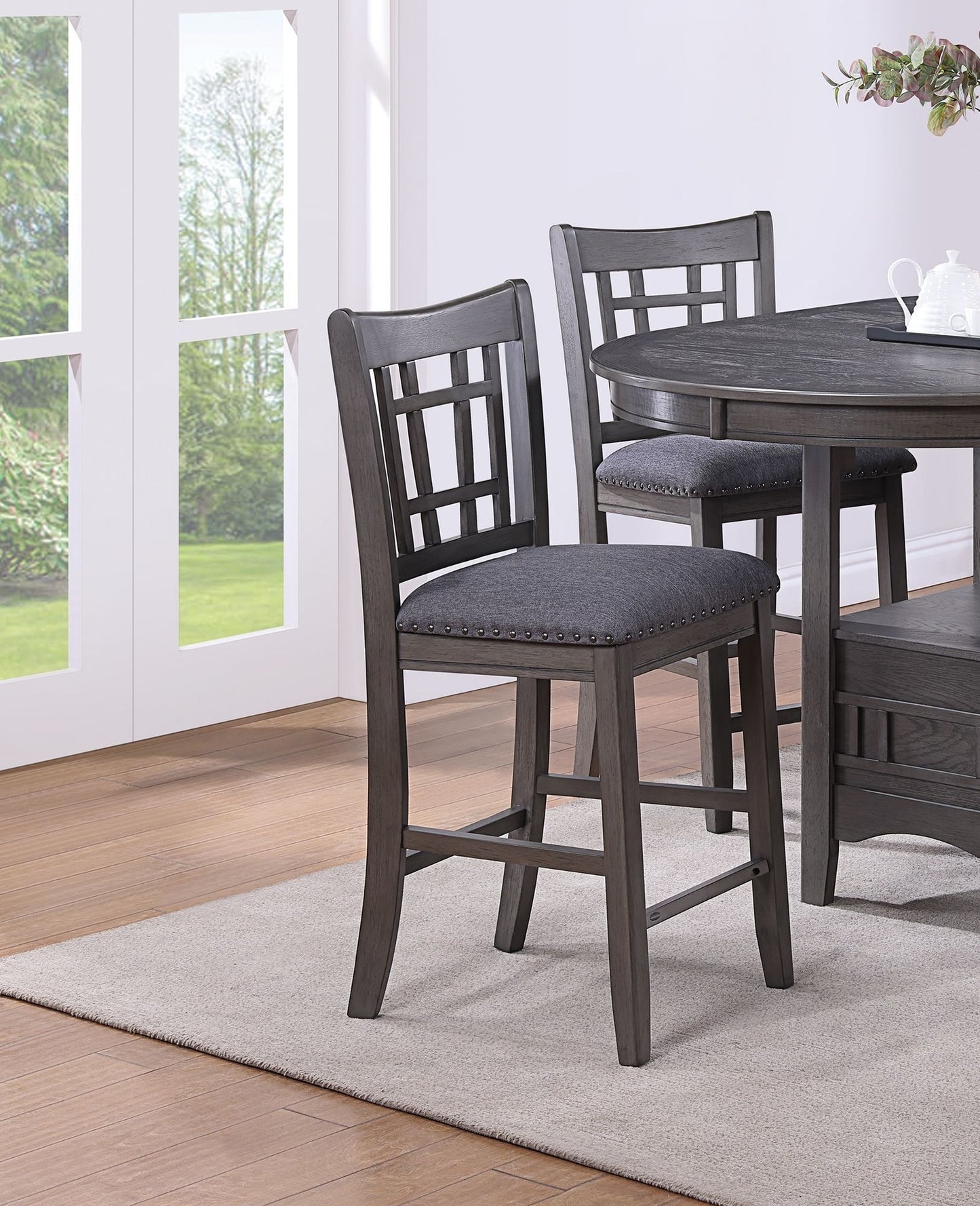 Set of 2pc High Chairs Dining Room Furniture Gray Solid wood Counter Height Chairs Upholstered Cushioned Open Square Des image 1
