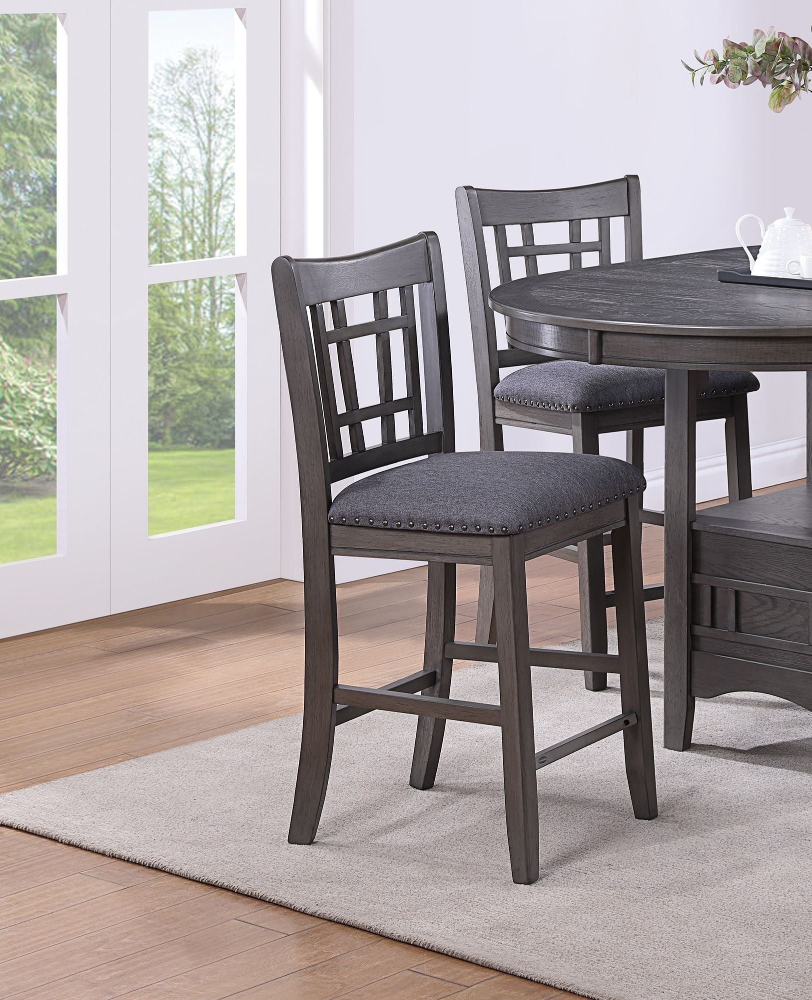 Set of 2pc High Chairs Dining Room Furniture Gray Solid wood Counter Height Chairs Upholstered Cushioned Open Square Des image 1