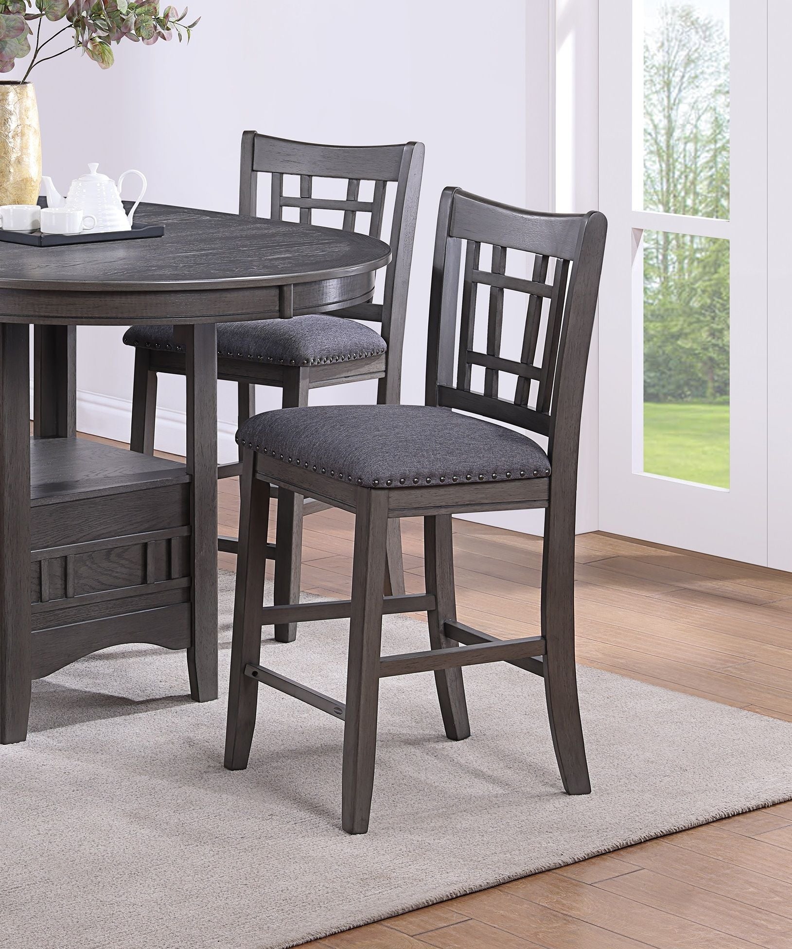 Set of 2pc High Chairs Dining Room Furniture Gray Solid wood Counter Height Chairs Upholstered Cushioned Open Square Des image 2