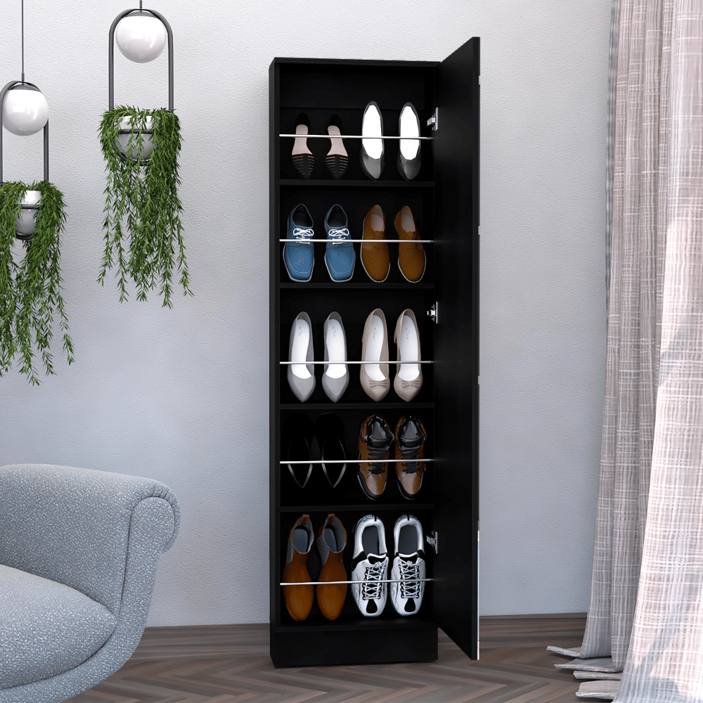 Shoe rack 67" H, five internal Storage Shelves, a mirror, a door, approximate capacity of 10 pairs of shoes, black image 2