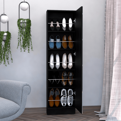 Shoe rack 67" H, five internal Storage Shelves, a mirror, a door, approximate capacity of 10 pairs of shoes, black image 2