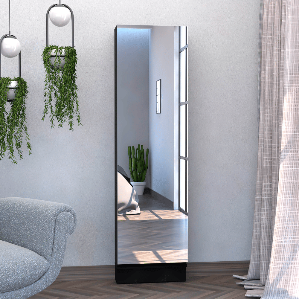 Shoe rack 67" H, five internal Storage Shelves, a mirror, a door, approximate capacity of 10 pairs of shoes, black image 1
