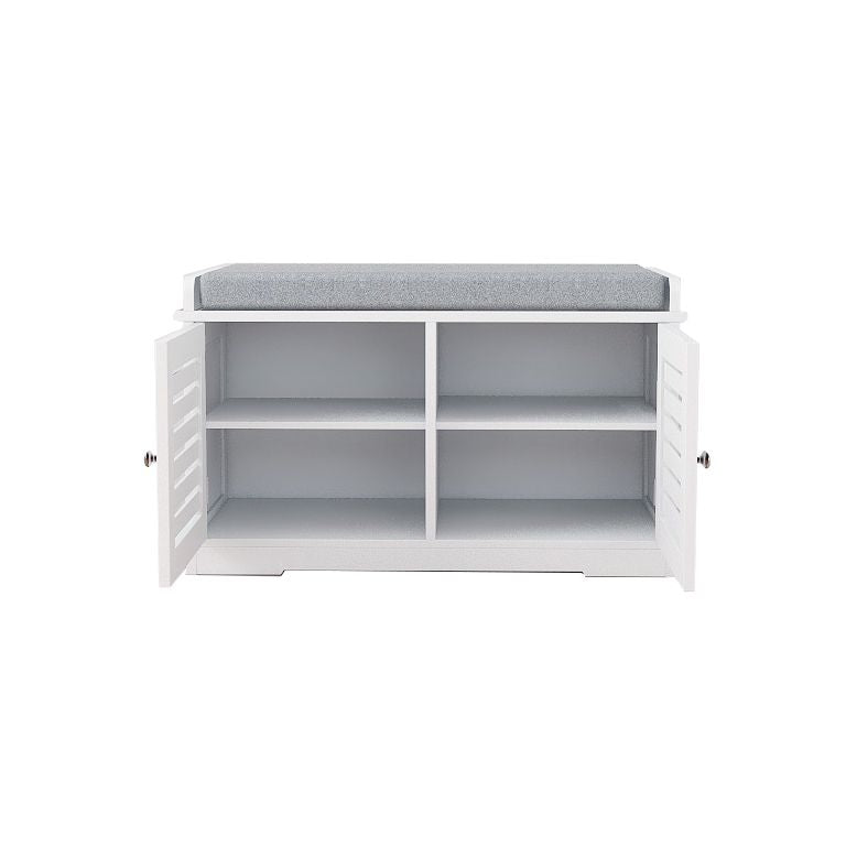 Shoe Storage Bench with Padded Seat Cushion, Entryway Bench with 2 Barn Doors-White image 8