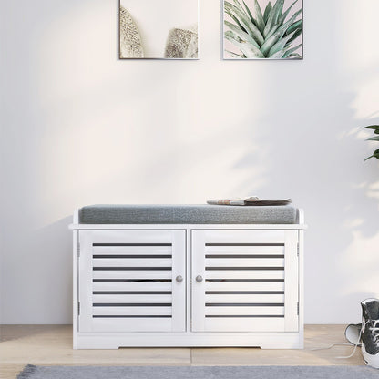 Shoe Storage Bench with Padded Seat Cushion, Entryway Bench with 2 Barn Doors-White image 1