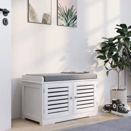Shoe Storage Bench with Padded Seat Cushion, Entryway Bench with 2 Barn Doors-White image 2