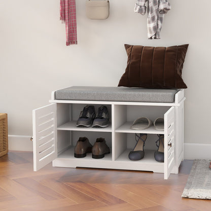 Shoe Storage Bench with Padded Seat Cushion, Entryway Bench with 2 Barn Doors-White image 4