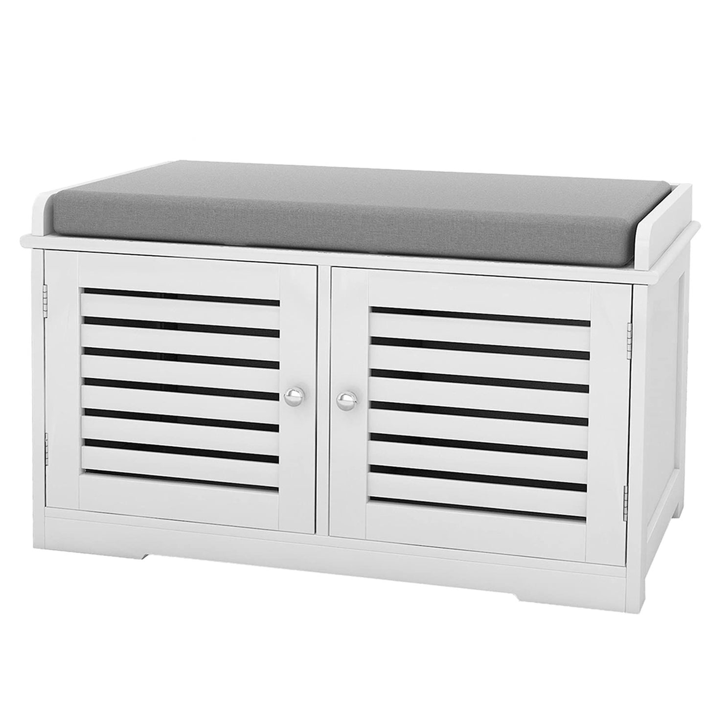Shoe Storage Bench with Padded Seat Cushion, Entryway Bench with 2 Barn Doors-White image 7
