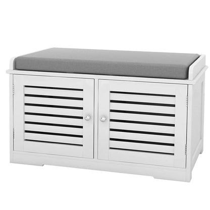 Shoe Storage Bench with Padded Seat Cushion, Entryway Bench with 2 Barn Doors-White image 7