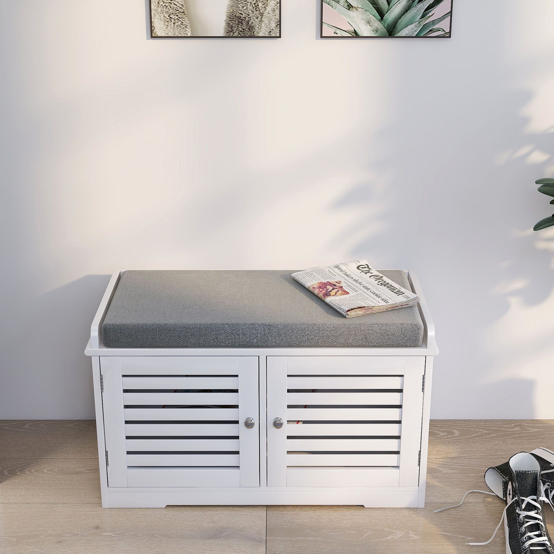 Shoe Storage Bench with Padded Seat Cushion, Entryway Bench with 2 Barn Doors-White image 3