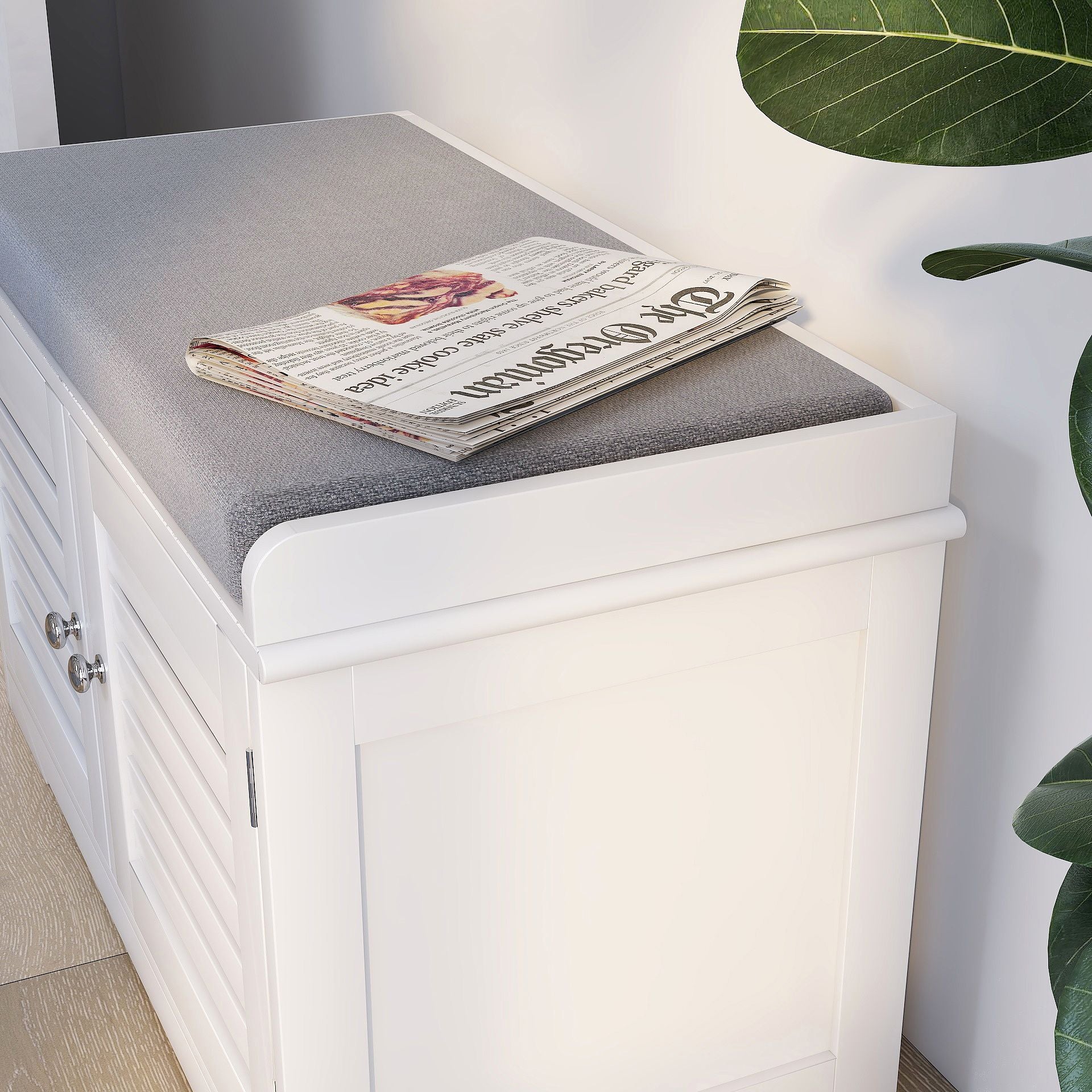 Shoe Storage Bench with Padded Seat Cushion, Entryway Bench with 2 Barn Doors-White image 5