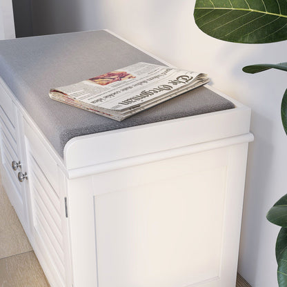 Shoe Storage Bench with Padded Seat Cushion, Entryway Bench with 2 Barn Doors-White image 5