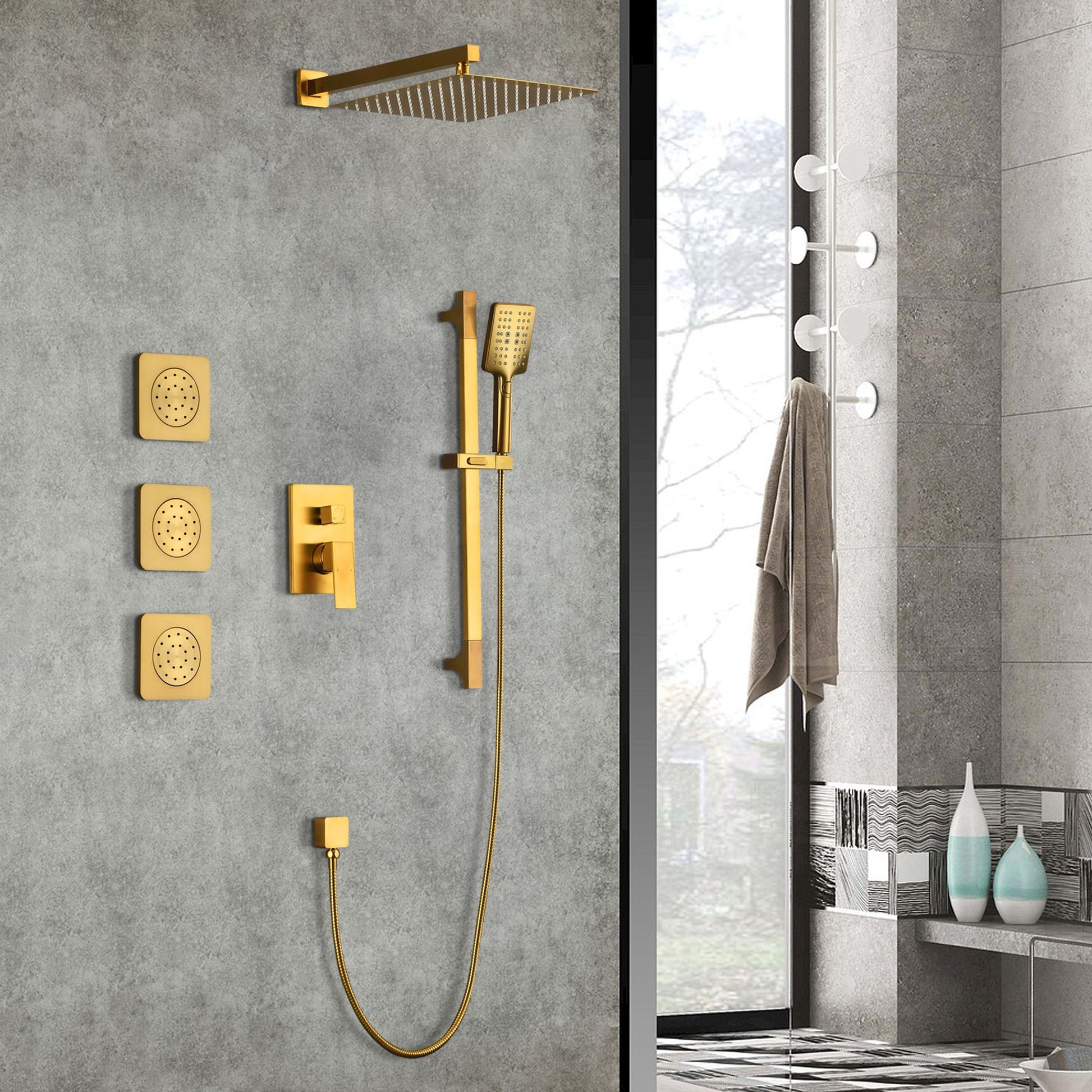 Shower System with Shower Head, Hand Shower, Slide Bar, Bodysprays, Shower Arm, Hose, Valve Trim, and Lever Handles image 8