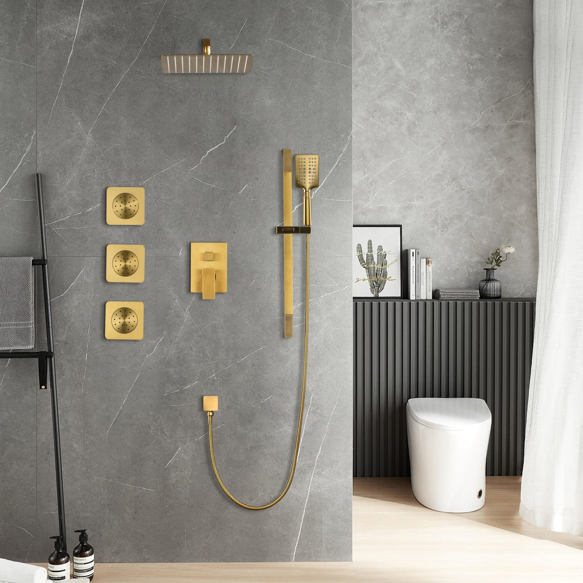 Shower System with Shower Head, Hand Shower, Slide Bar, Bodysprays, Shower Arm, Hose, Valve Trim, and Lever Handles image 4
