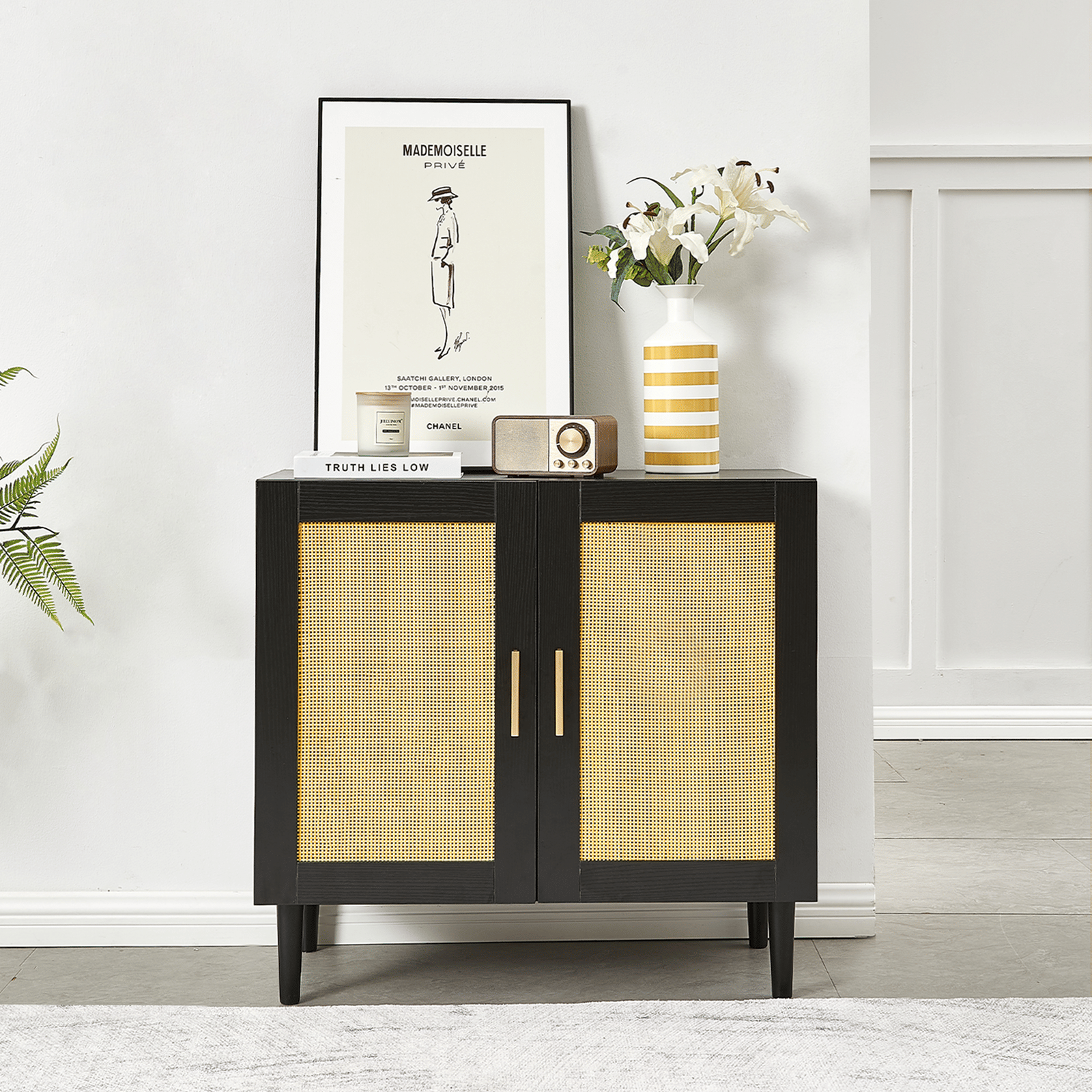 Side panel buffet cabinet with natural rattan door, rattan storage cabinet with adjustable shelves, side panel and buffe image 1