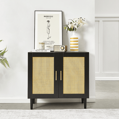 Side panel buffet cabinet with natural rattan door, rattan storage cabinet with adjustable shelves, side panel and buffe image 1