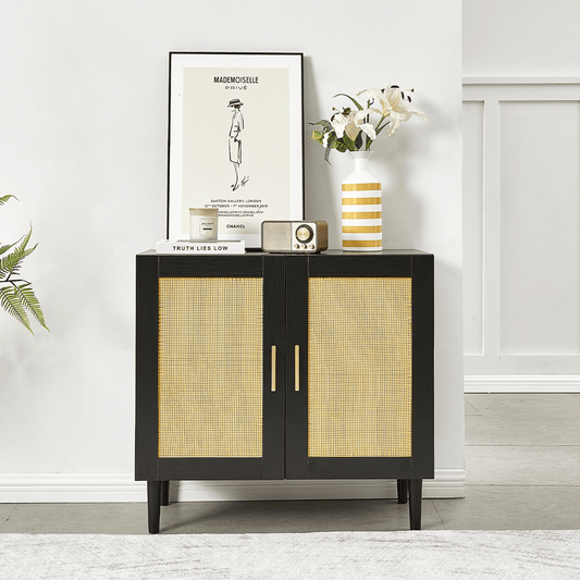 Side panel buffet cabinet with natural rattan door front view