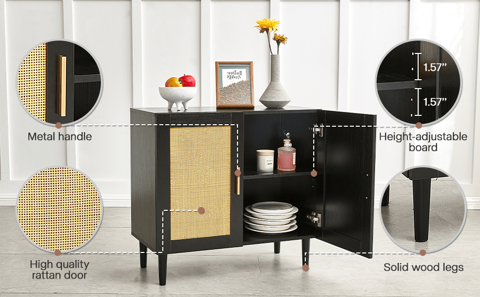 Side panel buffet cabinet with natural rattan door, rattan storage cabinet with adjustable shelves, side panel and buffe image 10