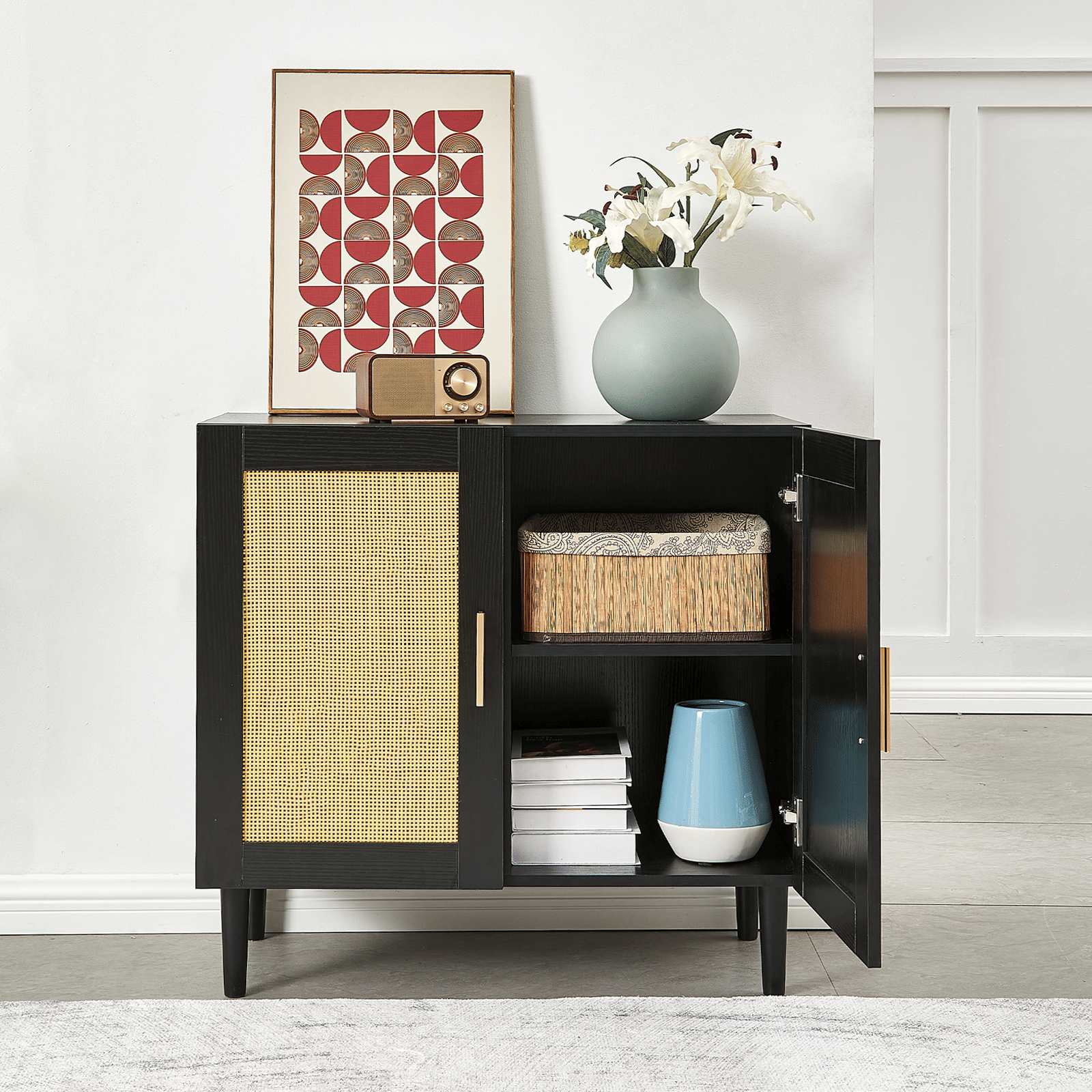 Side panel buffet cabinet with natural rattan door, rattan storage cabinet with adjustable shelves, side panel and buffe image 5