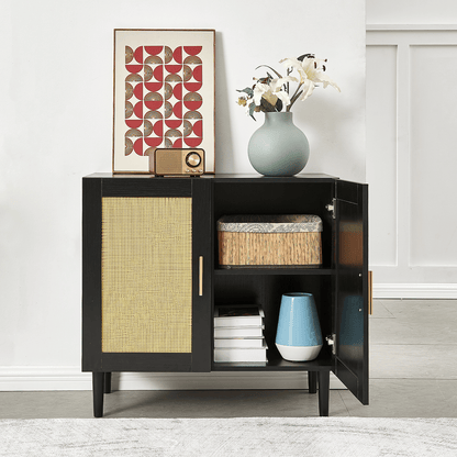 Side panel buffet cabinet with natural rattan door, rattan storage cabinet with adjustable shelves, side panel and buffe image 5
