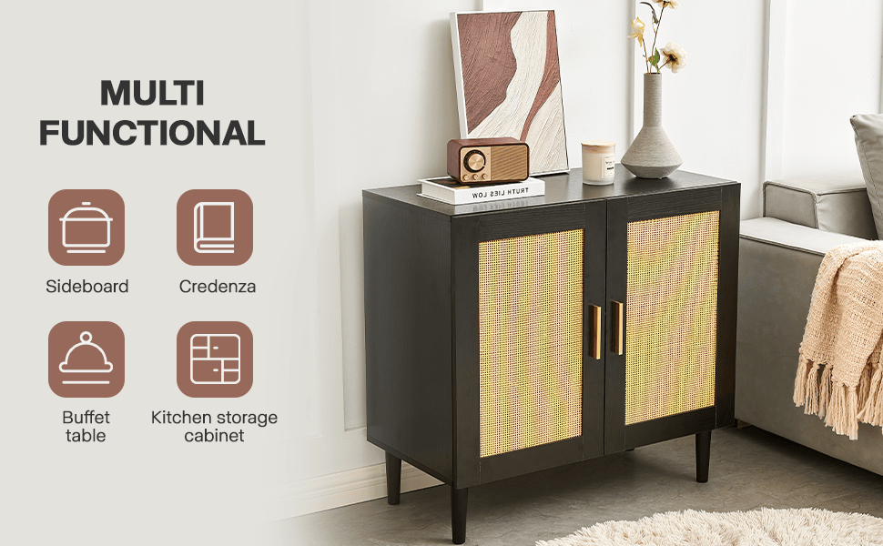 Side panel buffet cabinet with natural rattan door, rattan storage cabinet with adjustable shelves, side panel and buffe image 14