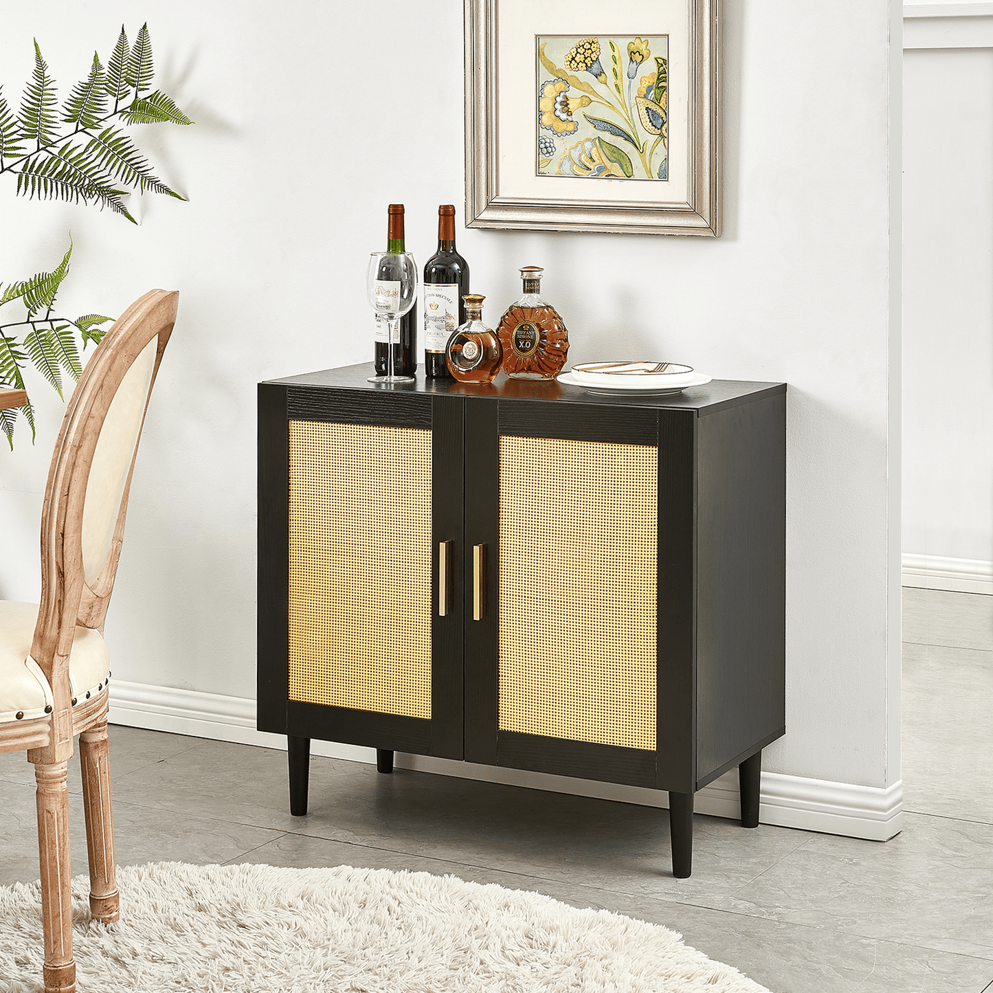Side panel buffet cabinet with natural rattan door, rattan storage cabinet with adjustable shelves, side panel and buffe image 4