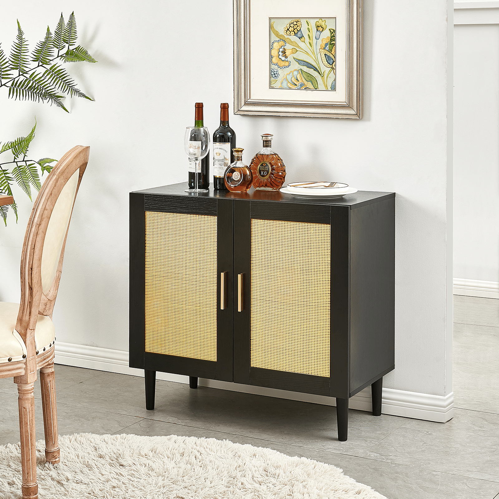 Side panel buffet cabinet with natural rattan door, rattan storage cabinet with adjustable shelves, side panel and buffe image 4