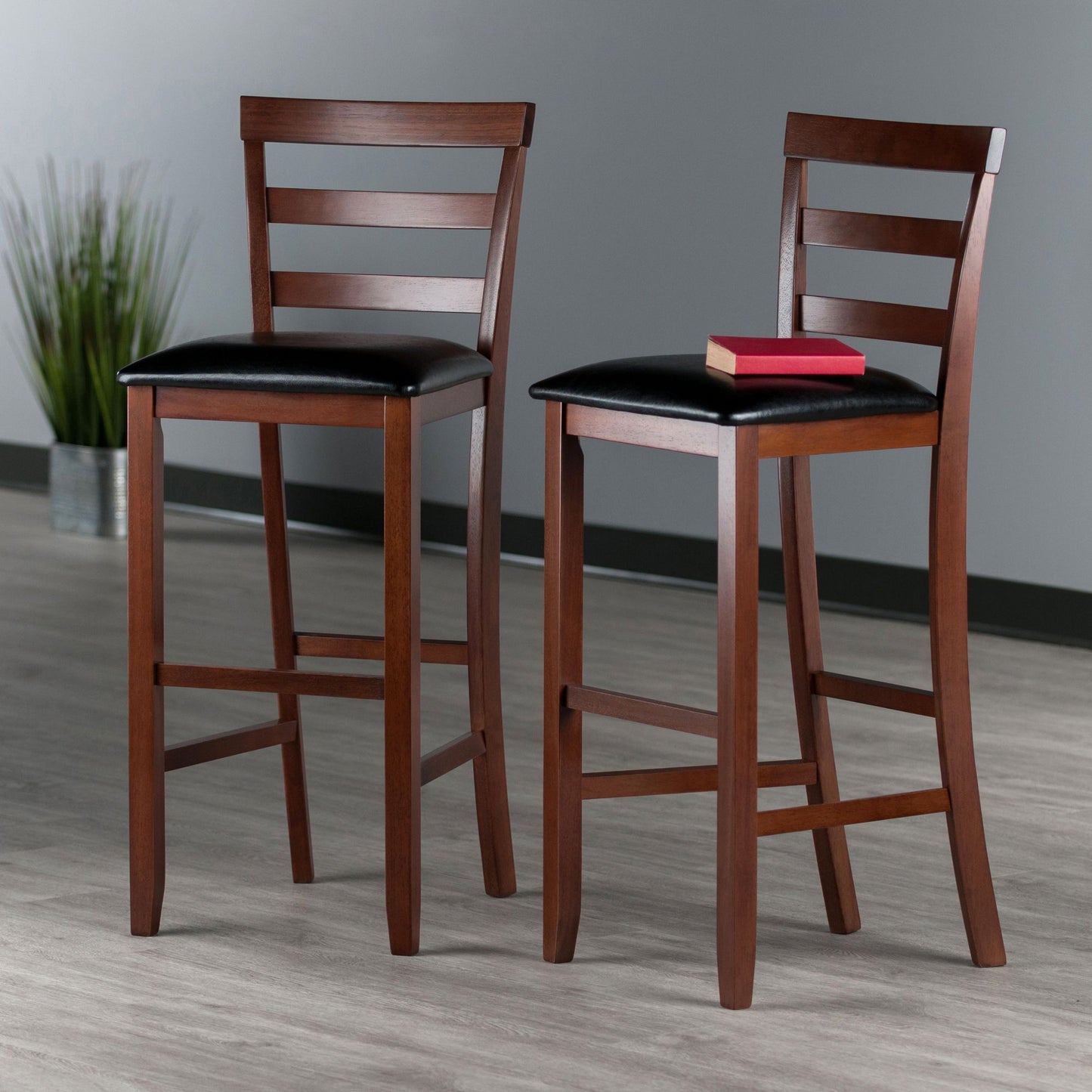 Simone Cushion Ladder-back Seat Bar Stools; 2-Pc Set; Black & Walnut image 4
