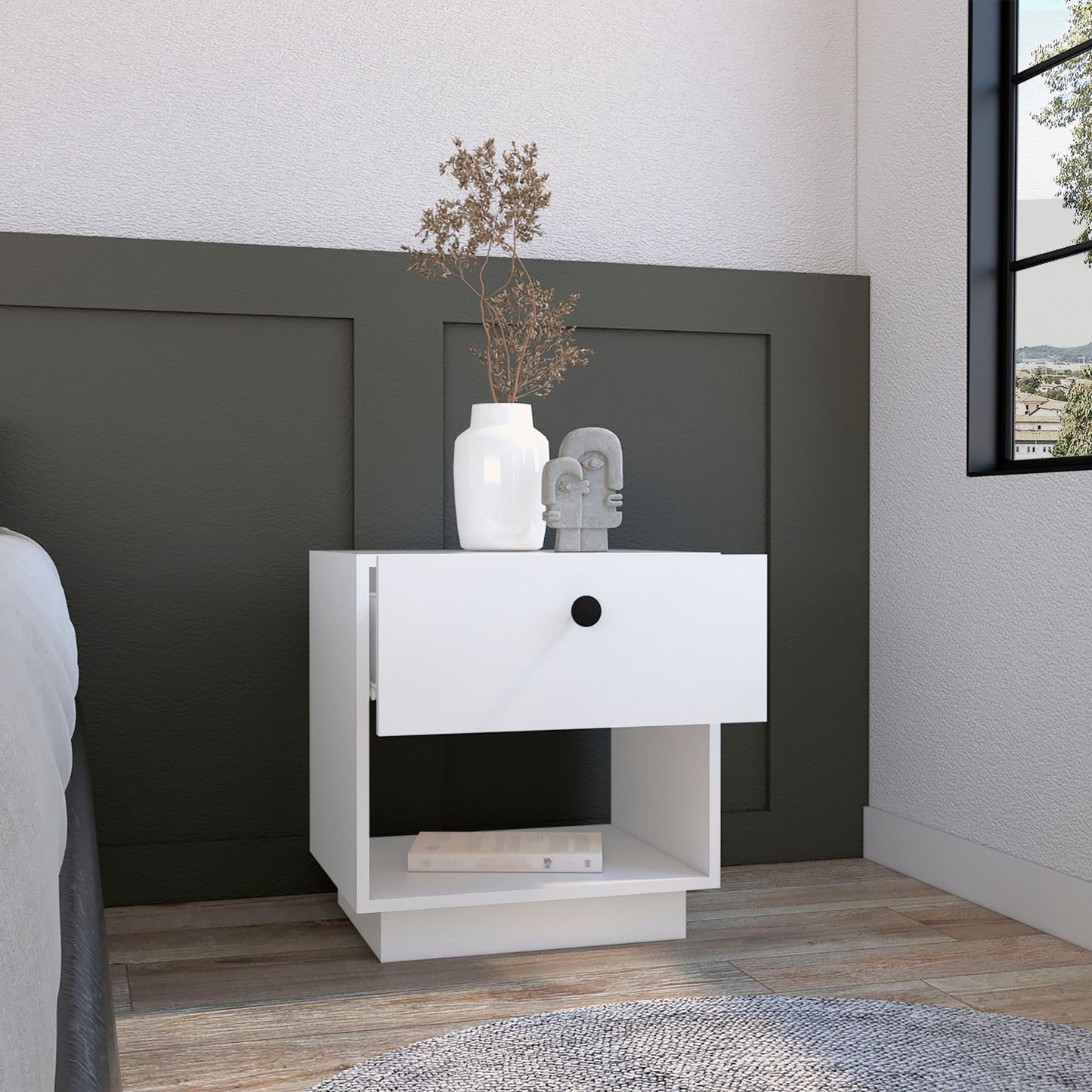Single Drawer Nightstand 19"H with Open Storage Shelf, White image 2
