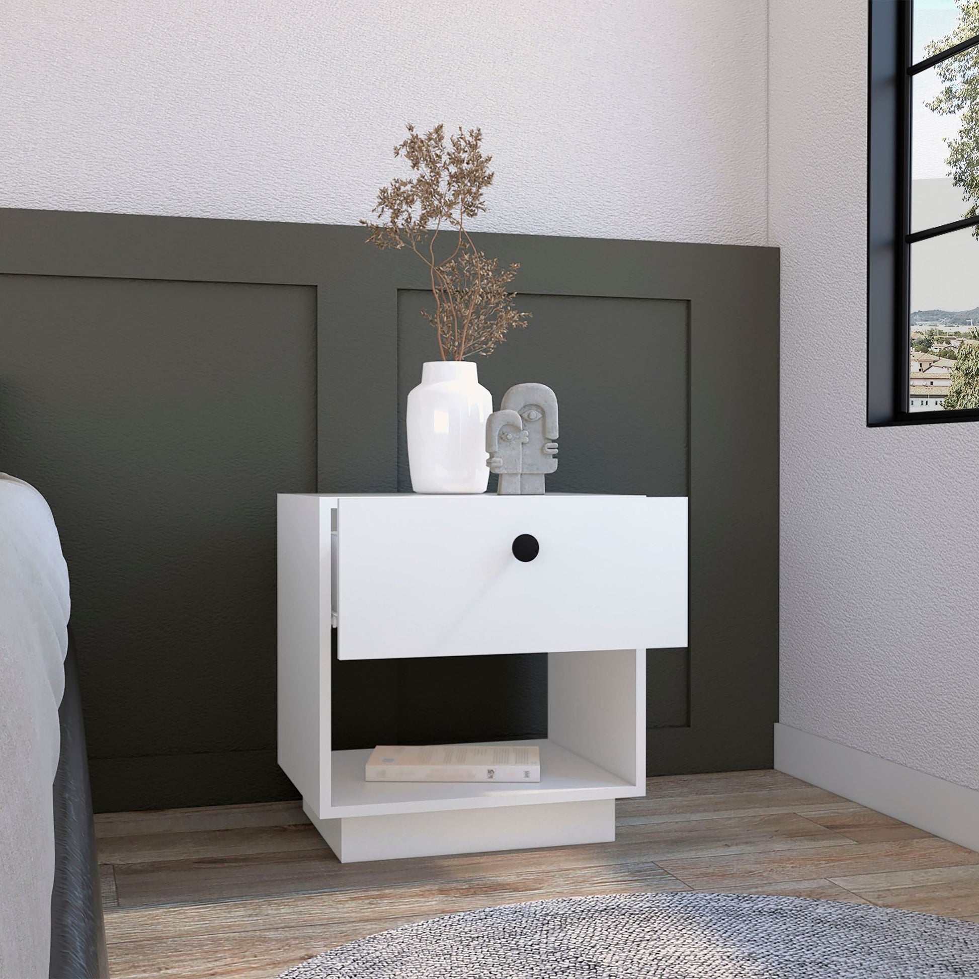 Single Drawer Nightstand 19"H with Open Storage Shelf, White image 2
