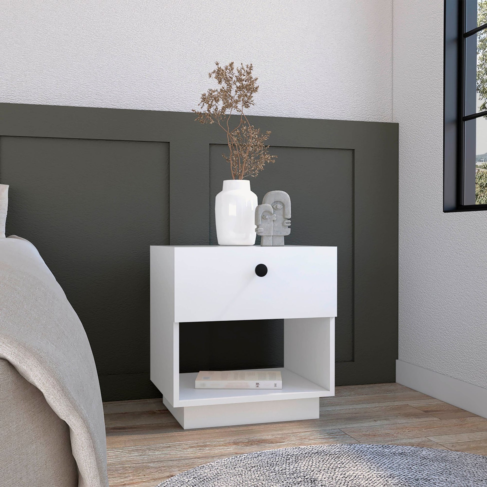 Single Drawer Nightstand 19"H with Open Storage Shelf, White image 1
