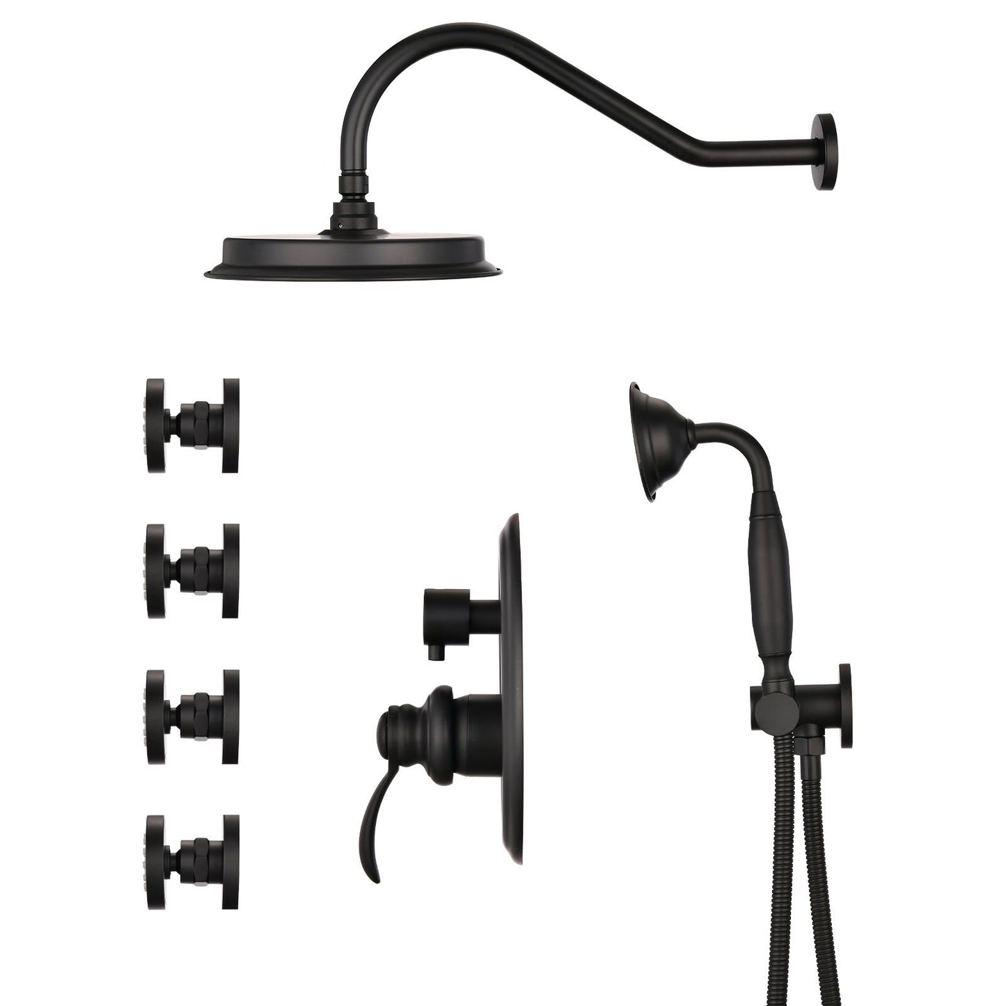 Single-Handle 4-Spray Patterns Bathroom Rain Shower Faucet with Body Jet Handshower in Matte Black (Valve Included) image 7