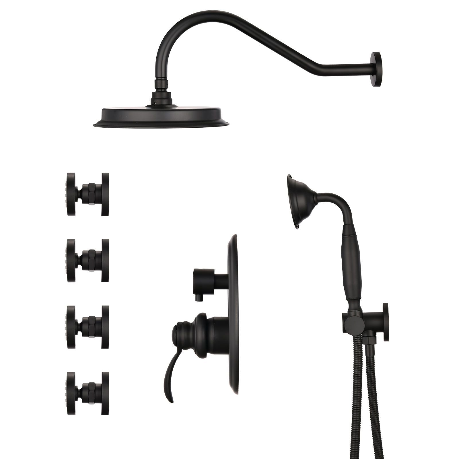 Single-Handle 4-Spray Patterns Bathroom Rain Shower Faucet with Body Jet Handshower in Matte Black (Valve Included) image 7
