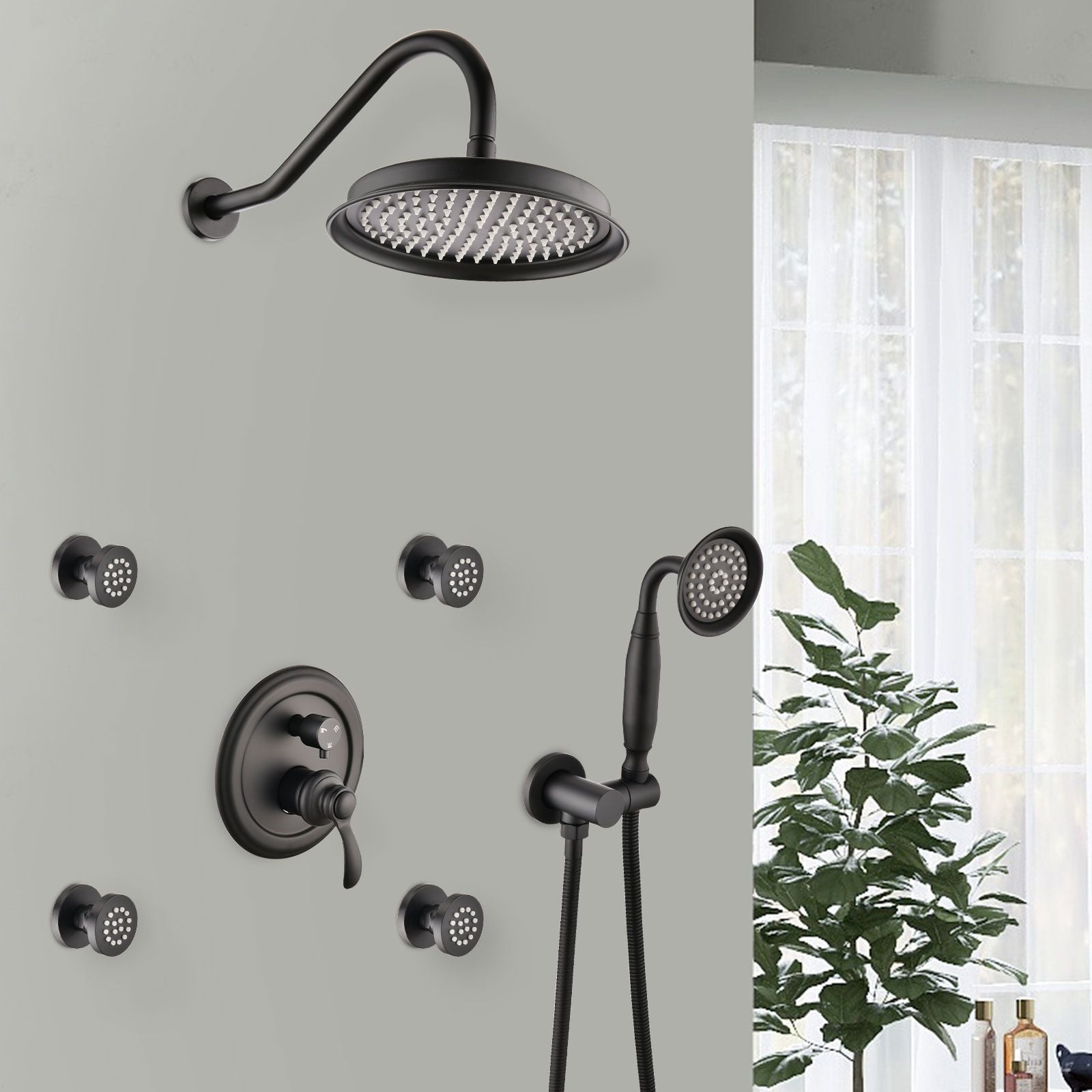 Single-Handle 4-Spray Patterns Bathroom Rain Shower Faucet with Body Jet Handshower in Matte Black (Valve Included) image 2