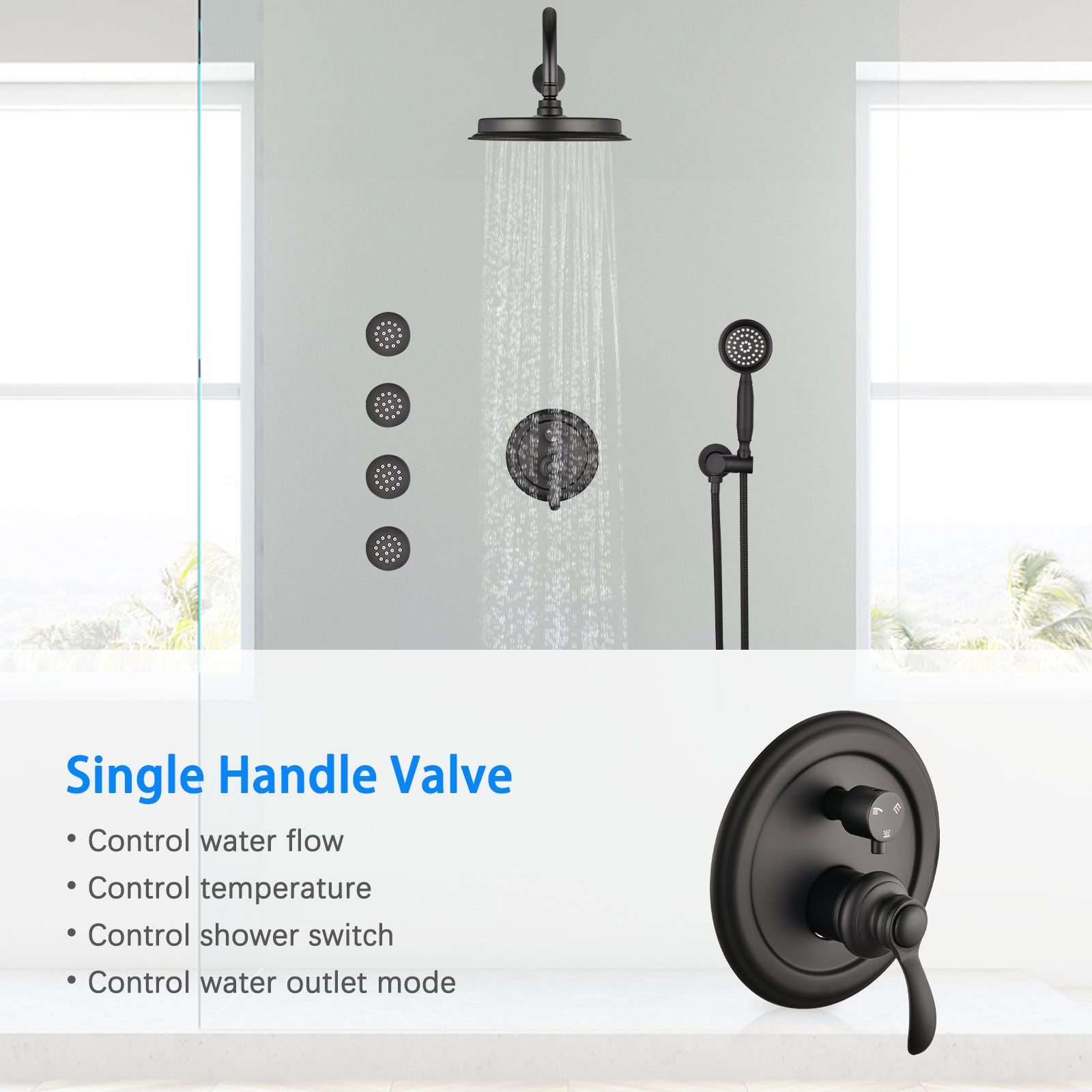 Single-Handle 4-Spray Patterns Bathroom Rain Shower Faucet with Body Jet Handshower in Matte Black (Valve Included) image 5