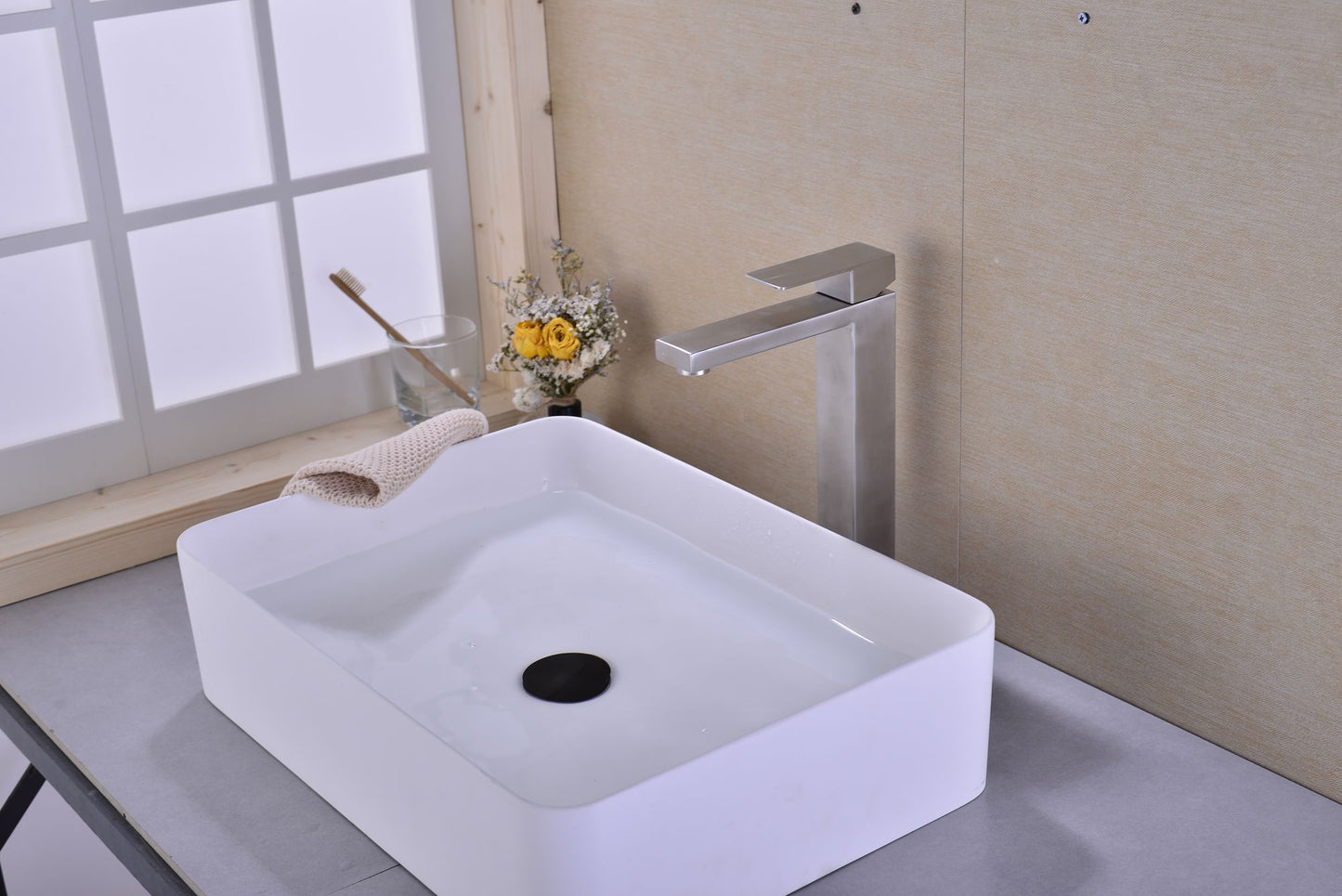 Single Handle Brushed Nickel Vanity Bathroom Faucet - Installation View