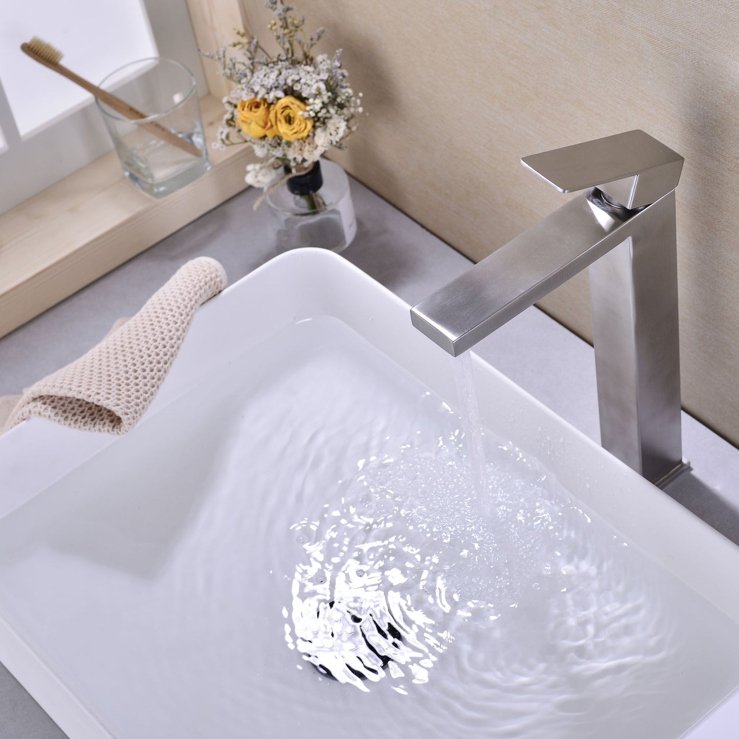 Single Handle Brushed Nickel Vanity Bathroom Faucet - Water Flow