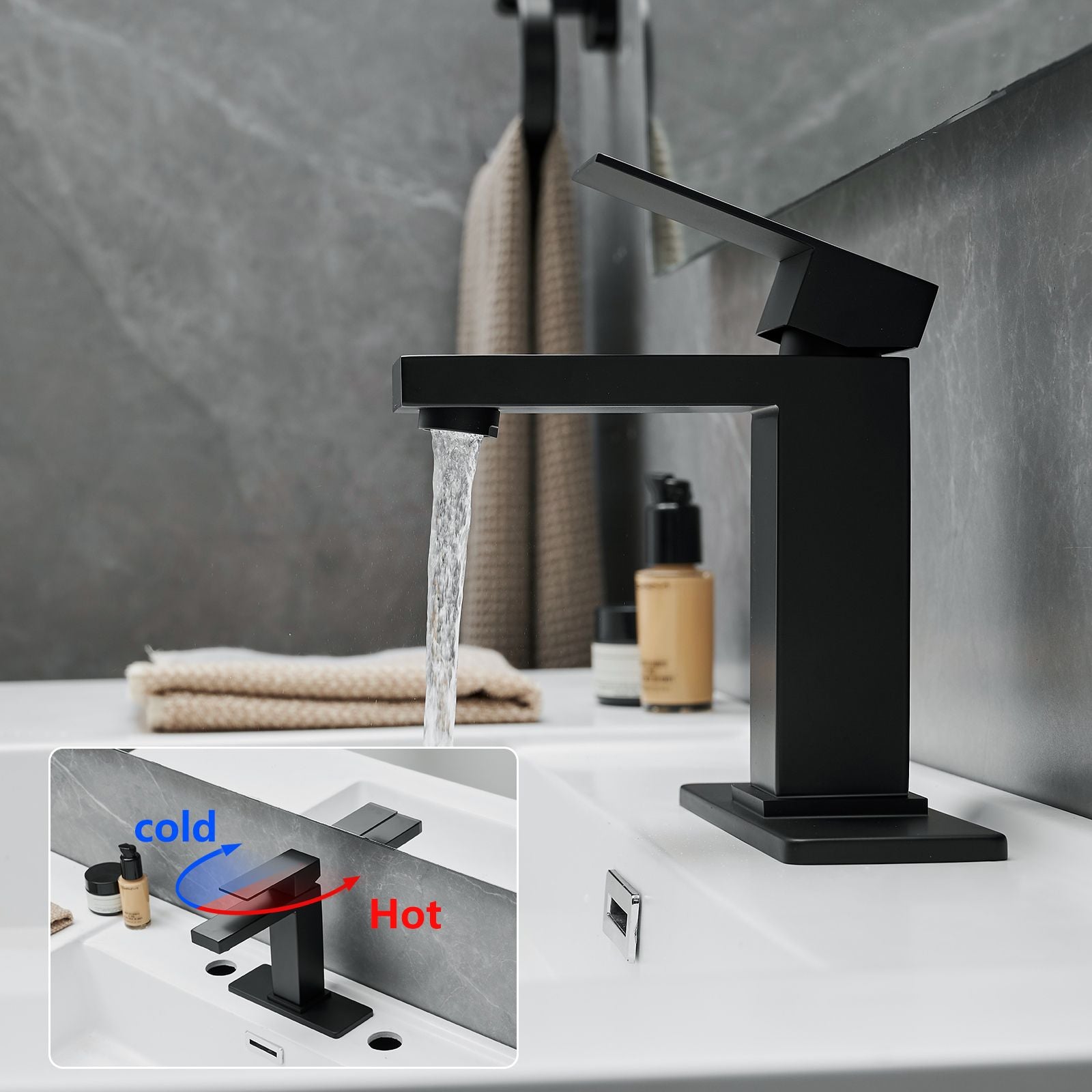 Sink Faucet With Deck Plate Waterfall Black with Pop Up Drain and Supply Lines Bathroom faucets for Sink 1 Hole One Hand image 4