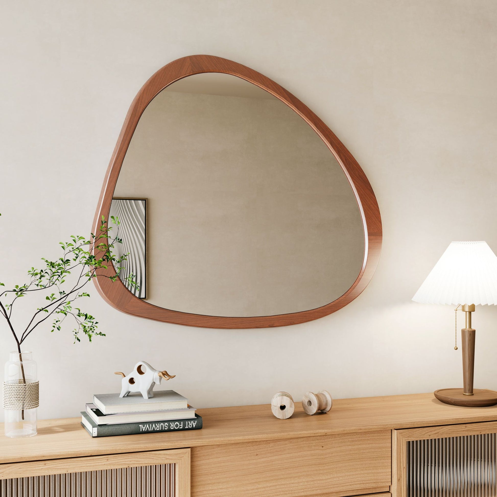 Solid Wood Mirror 45 Inch Asymmetrical Wall Mirror Wooden Framed Mirror Large Sized Dressing Mirror, for Living Room, Be image 4