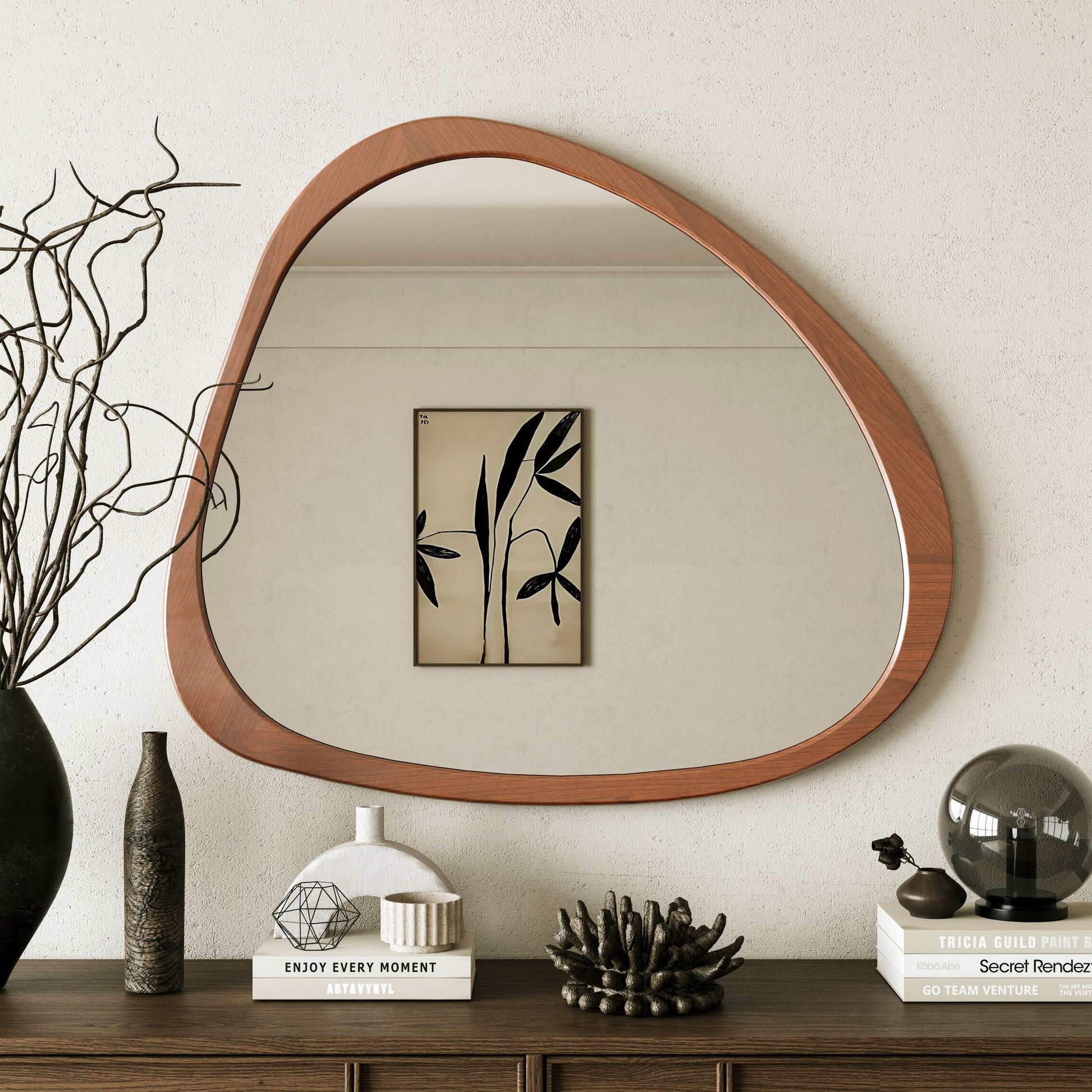 Solid Wood Mirror 45 Inch Asymmetrical Wall Mirror Wooden Framed Mirror Large Sized Dressing Mirror, for Living Room, Be image 1