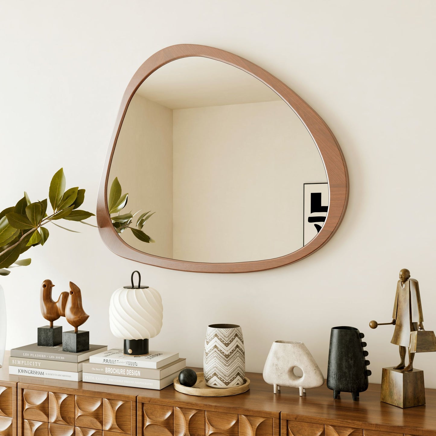 Solid Wood Mirror 45 Inch Asymmetrical Wall Mirror Wooden Framed Mirror Large Sized Dressing Mirror, for Living Room, Be image 5