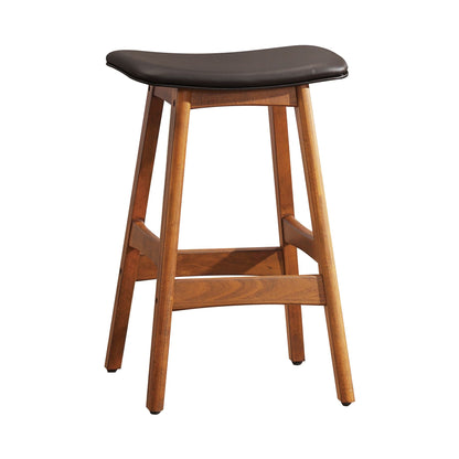 Solid Wood Walnut Finish Counter Height Stools Set of 2 Dark Brown Faux Leather Seat Mid-Century Modern Barstools Kitche image 1