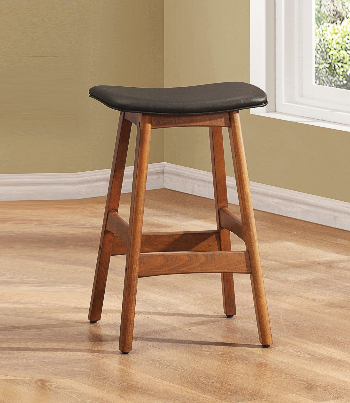 Solid Wood Walnut Finish Counter Height Stools Set of 2 Dark Brown Faux Leather Seat Mid-Century Modern Barstools Kitche image 2