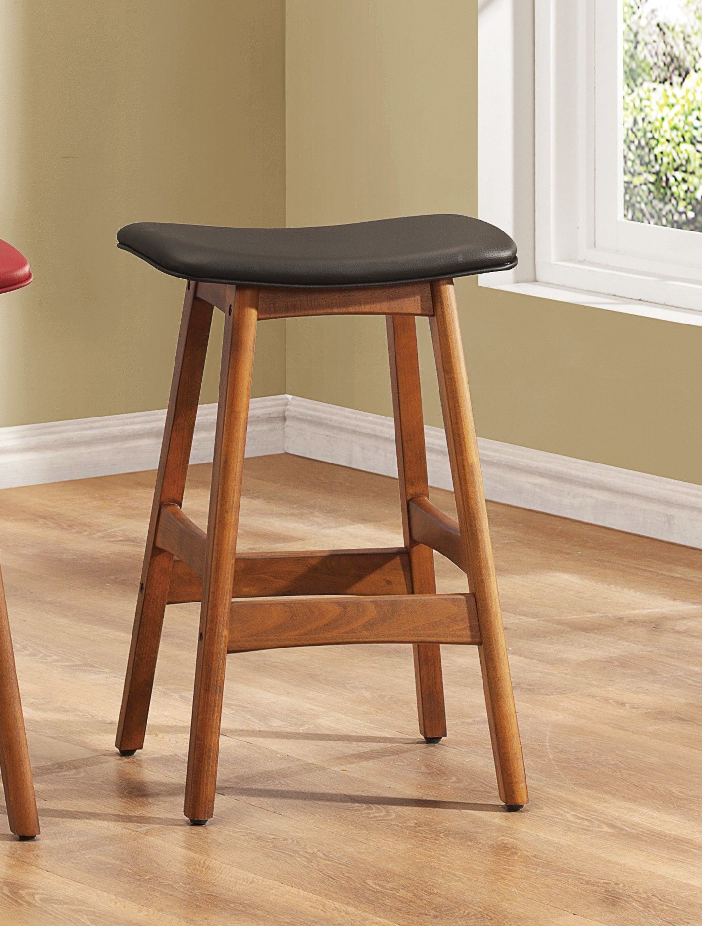 Solid Wood Walnut Finish Counter Height Stools Set of 2 Dark Brown Faux Leather Seat Mid-Century Modern Barstools Kitche image 4