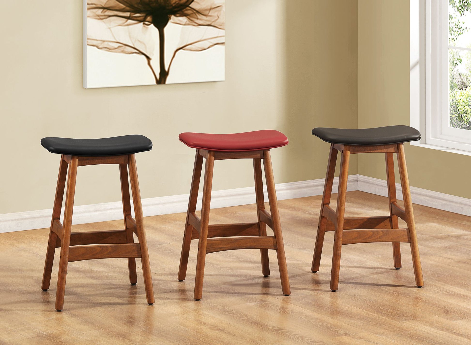 Solid Wood Walnut Finish Counter Height Stools Set of 2 Dark Brown Faux Leather Seat Mid-Century Modern Barstools Kitche image 3