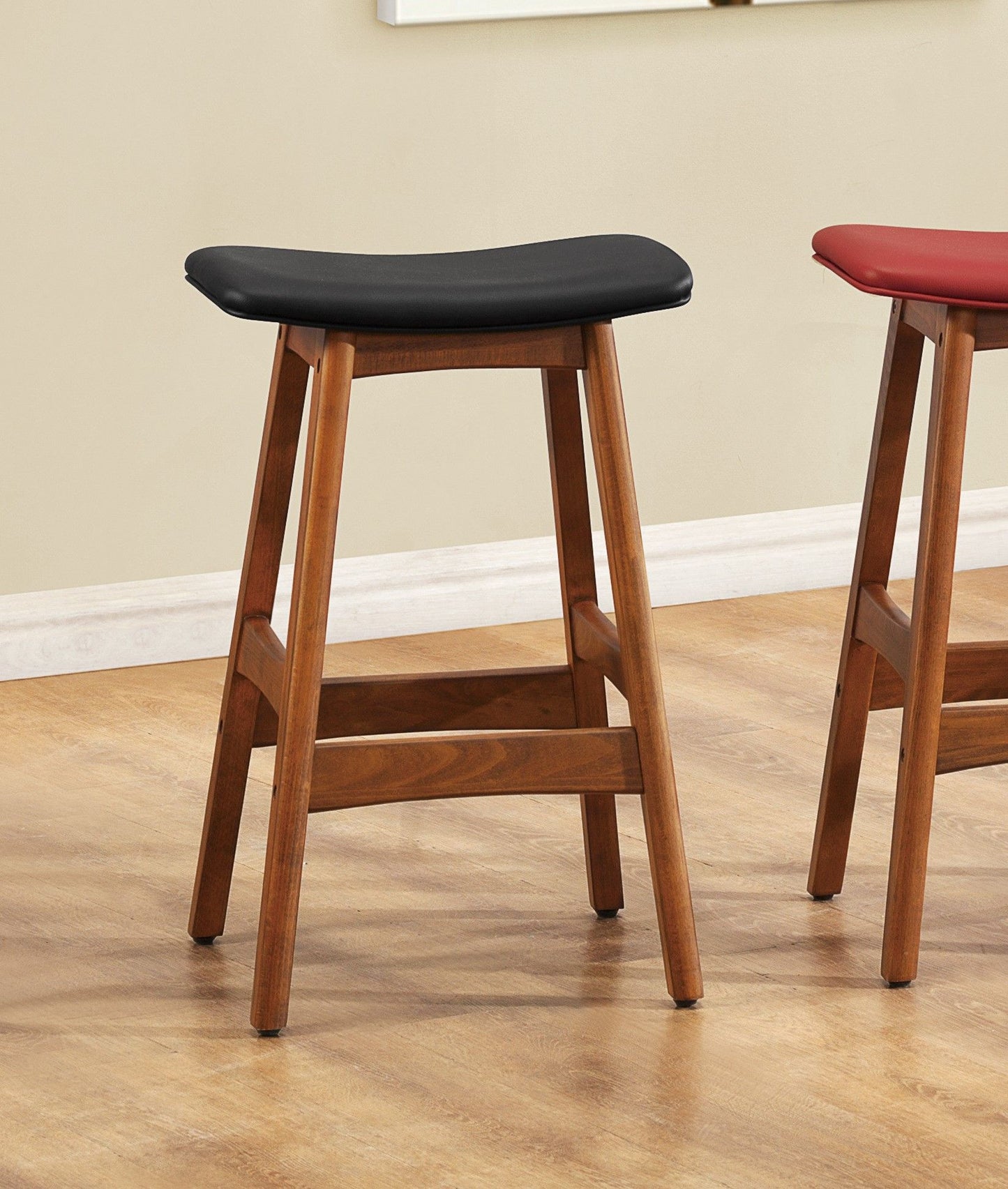 Solid Wood Walnut Finish Counter Height Stools Set of 2 Matt Black Faux Leather Seat Mid-Century Modern Barstools Kitche image 4