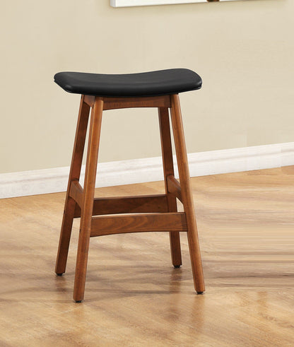 Solid Wood Walnut Finish Counter Height Stools Set of 2 Matt Black Faux Leather Seat Mid-Century Modern Barstools Kitche image 2
