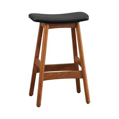 Solid Wood Walnut Finish Counter Height Stools Set of 2 Matt Black Faux Leather Seat Mid-Century Modern Barstools Kitche image 1