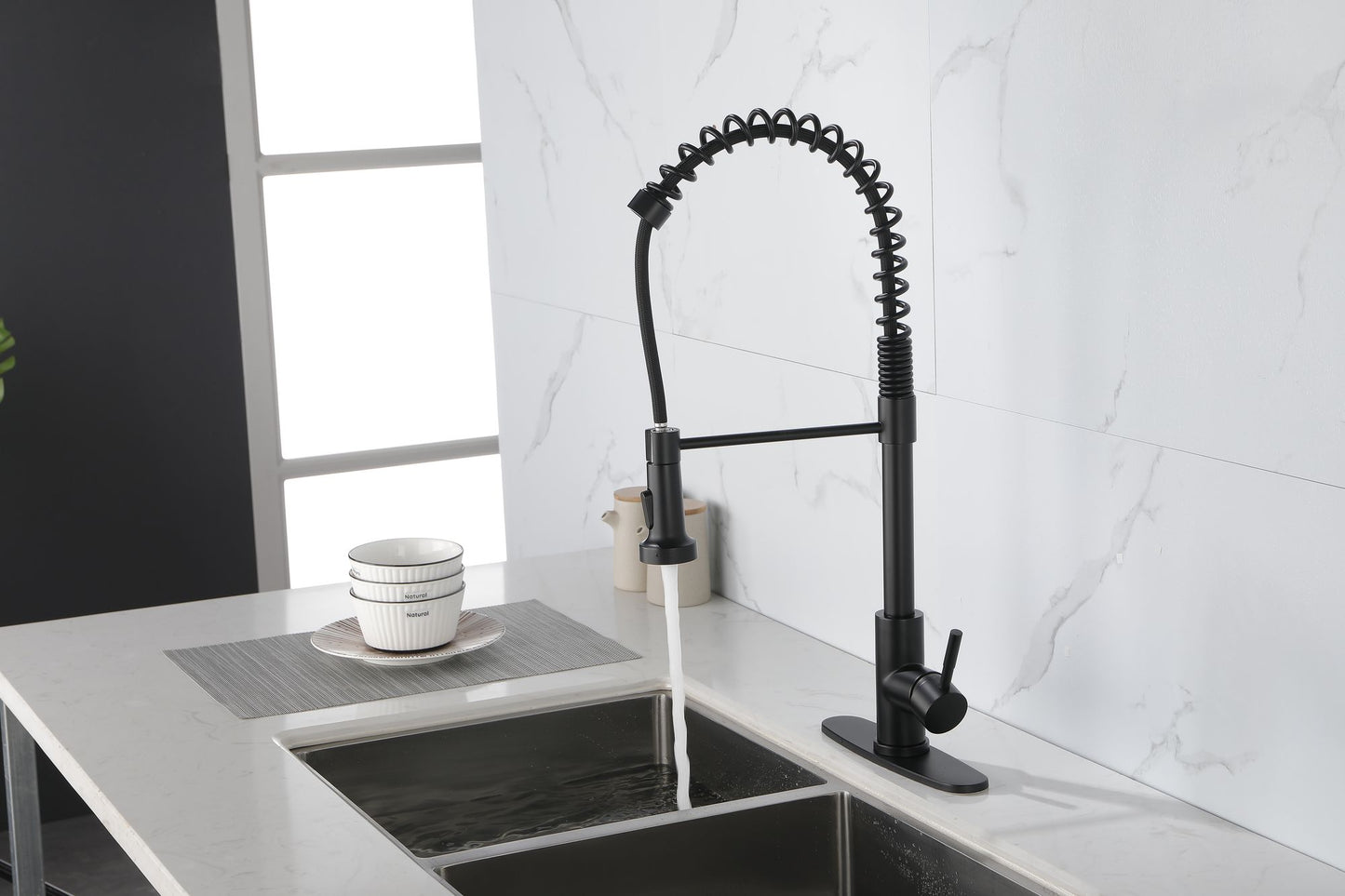 Spring kitchen faucet with pull-out sprayer, stainless steel single handle single hole kitchen sink faucet image 8